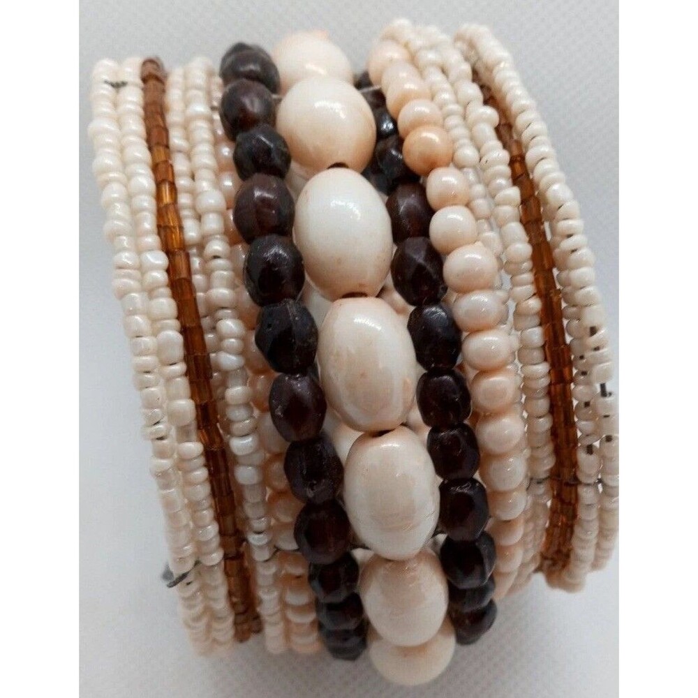 Handcrafted Cuff Beaded Bracelet Beige Cream Seed Bead Memory Wire Stretch EUC